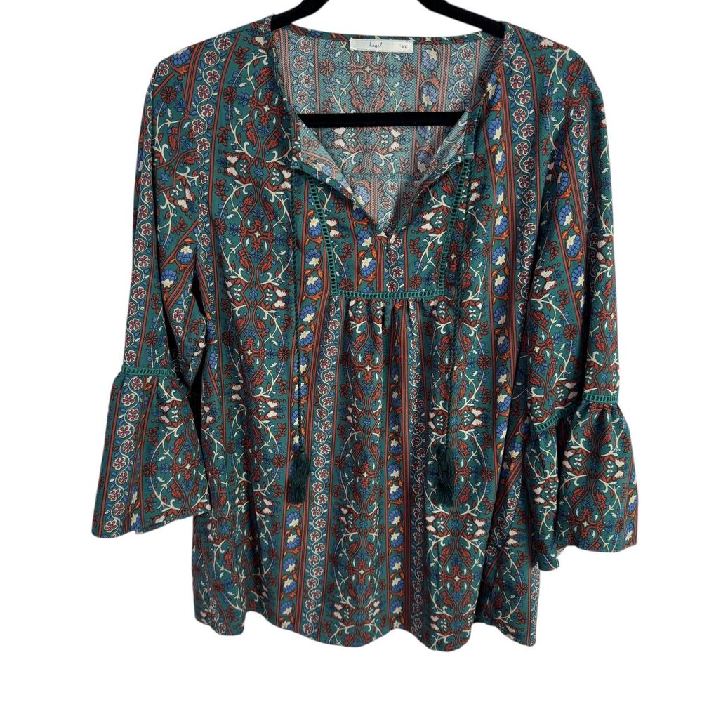 Hagel Women's Blouse Top Size 1X Green Print Tassel Tie Neck 3/4 Bell Sleeves
